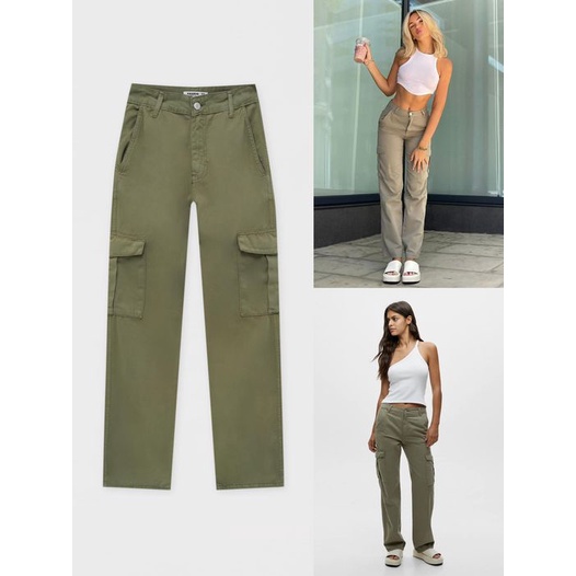 Pull and Bear กางเกงขายาว ทรงคาโก้  เอวสะดือ เนื้อผ้ายีนส์นิ่ม ผ้าไม่ยืด มีกระเป๋าล้วงด้านข้าง ทรงแบ