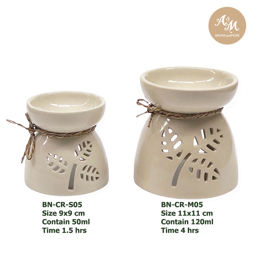 เตาเผาน้ำมันหอมระเหยเคลือบเงาศิลาดลสีครีม ฉลุลายใบไม้ Ceramic Burner (Glaze Siradol)- Cream color (Big leaves design)