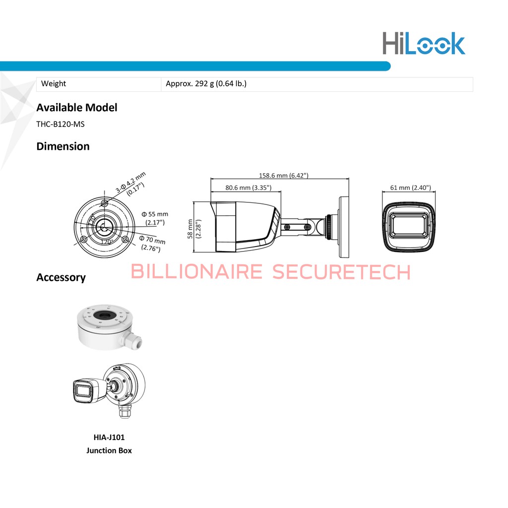 HILOOK กล้องวงจรปิด HD 4 ระบบ THC-B120-MS (3.6 mm) IR 20 M., มีไมค์ในตัว BY BILLIONAIRE SECURETECH