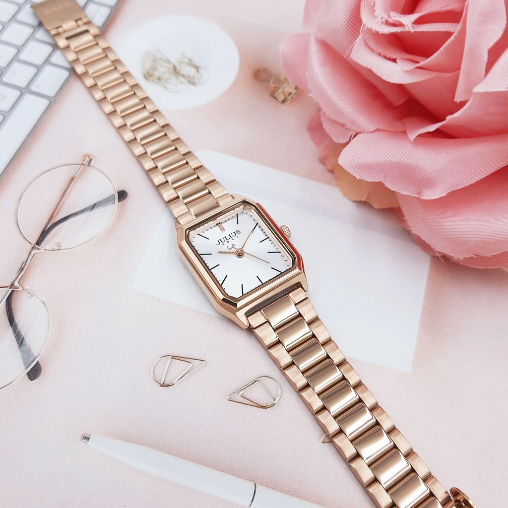 Julius นาฬิกาข้อมือผู้หญิง JA-1304 สายสแตนเลสสตีล หน้าปัดเหลี่ยม แบรนด์เกาหลี แฟชั่นฮิตของแท้