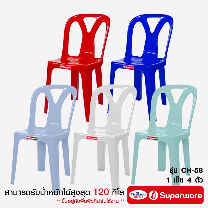 Srithai Superware เก้าอี้พลาสติก มีพนักพิงรุ่น ที่นั่ง สำหรับ สนาม นั่งเล่น วัด ห้องประชุม โต๊ะจีน CH-58 เซ็ต 4 ตัว
