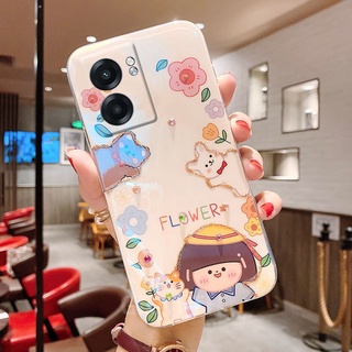 2022 New เคสโทรศัพท์ OPPO A77 5G / A57 4G / A96 4G / A76 Fashion Cute Cartoon Flower Sun Girls TPU Silicone Soft Case Bling Rhinestone Cover เคส OppoA77 OPPOA96