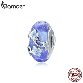 bamoer Blue Glass Handmade  Bead Secret Garden Flower Hydrangeas for Women Original Silver 925 Bracelet  Silver Jewelry BSC390