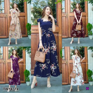 J14374 Maxi Dress เดรสยาว คอเหลี่ยม แขนระบาย ลายดอก