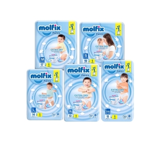 NS (ยกลัง 8 ห่อ) molfix Extra dry ผ้าอ้อมกางเกงโมลฟิกซ์ โมฟิก มอลฟิกซ์ (รุ่นเอ็กซ์ตร้า ดราย) (ไซส์ S, M, L, XL, XXL)