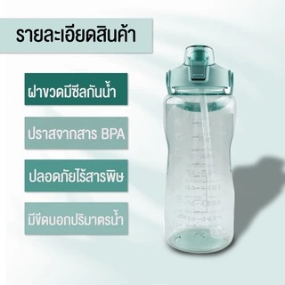 กระบอกน้ำ 2 ลิตร มีข้อความบอกเวลากินน้ำ ขวดน้ำแบบพกพา พลาสติก PC อย่างดี no stickers