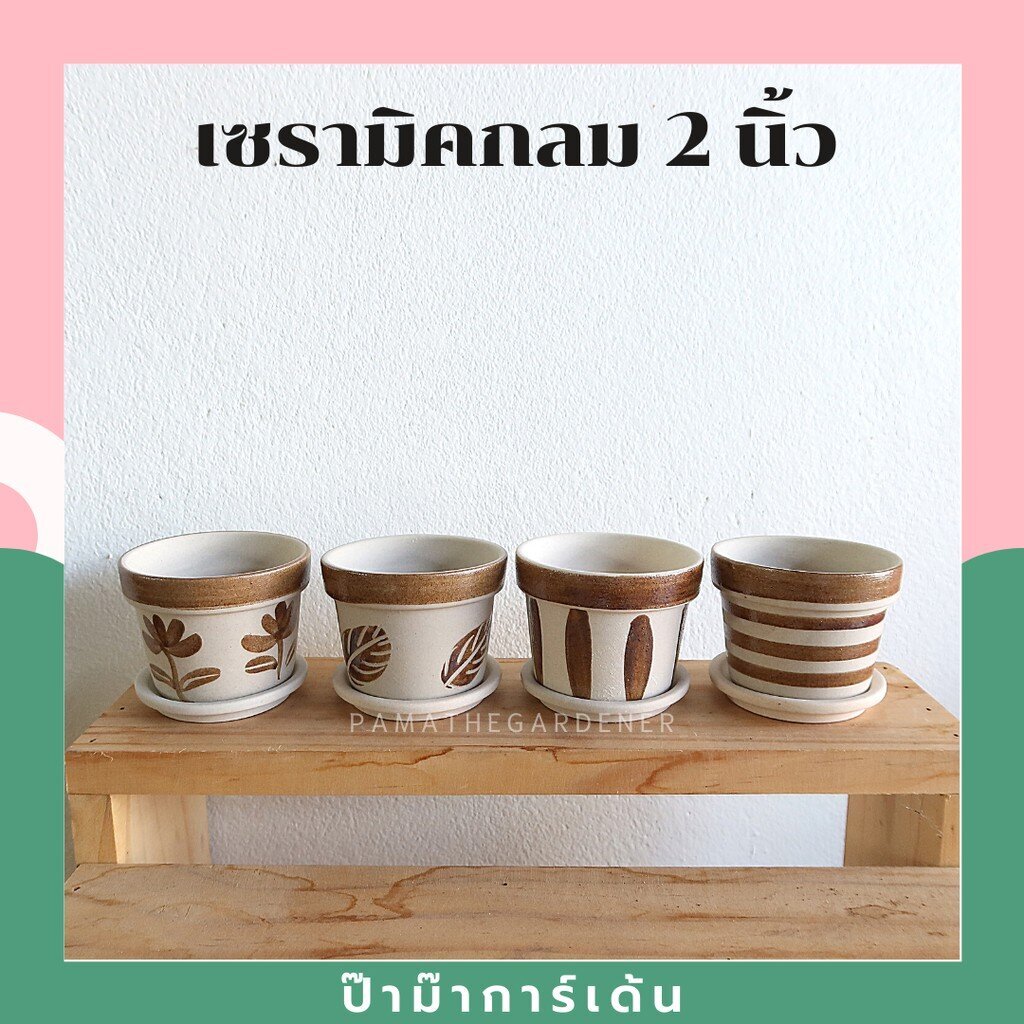 กระถางเซรามิก 2 นิ้ว พร้อมจาน คละลาย ลายธรรมชาติ ตัดกับสีน้ำตาลเข้ม [LP ธรรมชาติเล็ก]