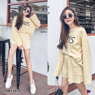 TW15976 set 2 ชิ้น เซตเสื้อแขนยาวทรง oversize สกีน Paris มาพร้อมกางเกงขาสั้นทรงสวย เนื้อผ้ายืดเกาหลี