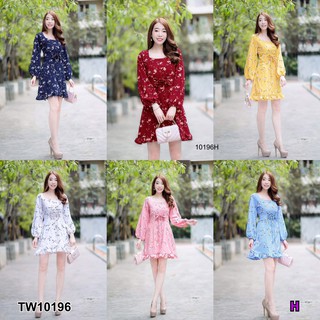 TwinsShopVip💗พร้อมส่ง TW10196 เดรสลายดอกไม้แขนยาวอกสานเชือก