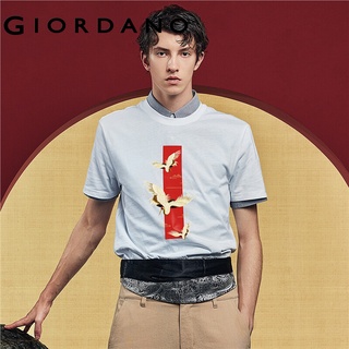 Giordano Men and Women เสื้อยืดแขนสั้น คอกลม ผ้าฝ้าย100% เป็นเสื้อคู่สกรีนลวดลาย นกกระสา แม่น้ำลำธารสไตล์คลาสสิค