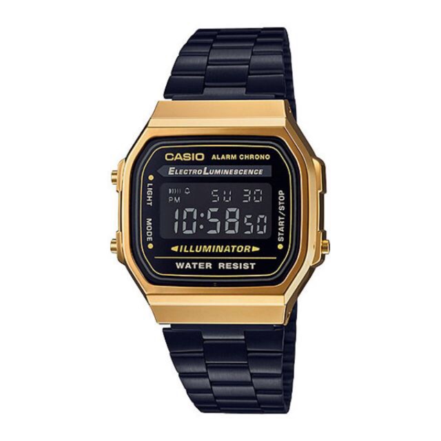MK Casio Standard นาฬิกาข้อมือผู้ชาย สายสแตนเลส รุ่น A168WEGB-1B - สีดำ/ทอง（ของแท้100% ประกันCMG)