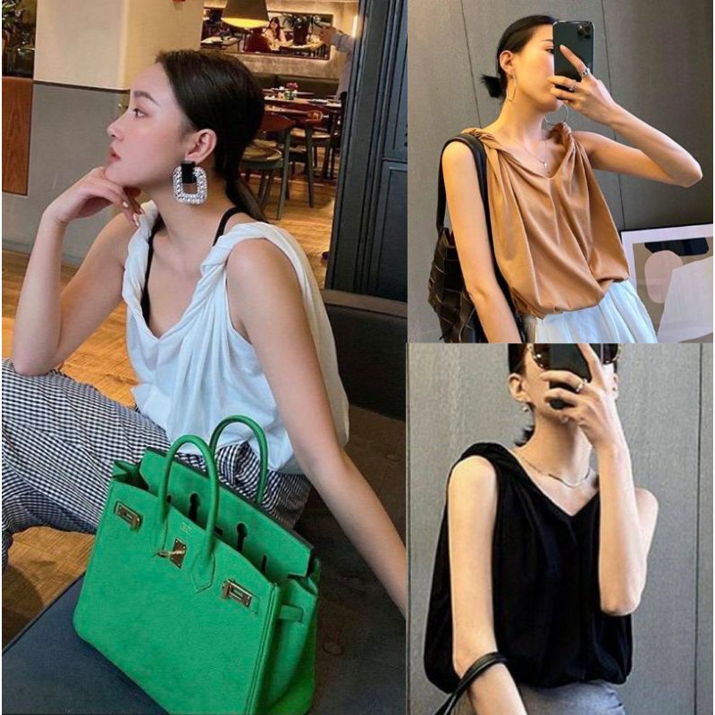 TOPSHOP​ T08 Detail: เสื้อแขนกุดไหล่บิดเกลียว คอวี ผ้าคัคตอลร่องละเอียดนำเข้าเกรดเอ ผ้าหนานุ่ม แพทเทิร์นคือคิ้วท์มากๆๆ