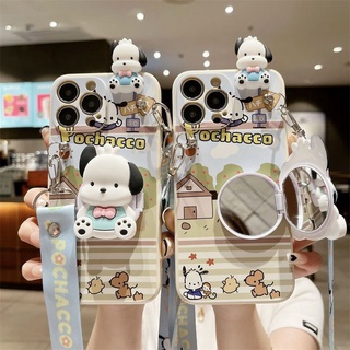 เคสโทรศัพท์มือถือ ลาย Pochacco Papa พร้อมกระจก และสายคล้อง สําหรับ Samsung Galaxy A73 A53 A33 A23 A13 S20 S21 FE S22 Plus Note 20 Ultra A03S A02S A02 A03 Core