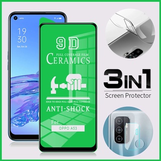 3 IN 1 9D HD ฟิล์มนิ่มเซรามิกสำหรับ OPPO F11 Pro F9 A7 A5s A12 A9 A15 A15s A3s A5 A74 กระจกนิรภัยกล้องป้องกันเลนส์ฟิล์มด้านหลัง