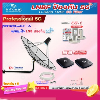 Thaisat C-Band 1.5M (ขางอ 120 cm.Infosat) + Infosat LNB C-Band 5G 2จุด รุ่น CG-2 + PSI S3 HYBRID 2 กล่อง + สายRG6 10 x2