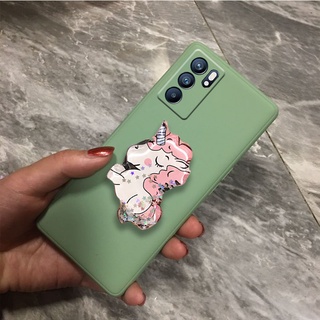 เคสโทรศัพท์ OPPO Reno6 Z 5G / Reno6 5G New Casing with Cute Cartoon Pink Horse Water Bracket Stand Holder Soft Skin Feeling Black Yellow Back Cover เคส OPPO Reno 6 6Z 5G