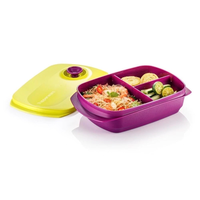 กล่องอาหารอุ่นในไมโครเวฟได้  ขนาด1 L Tupperware รุ่น Reheatable Divided Lunch Box กระปุกม่วงฝาเขียว