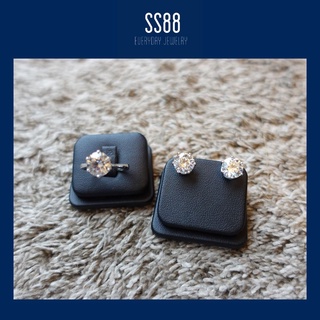 SS88Jewelry แหวนเพชร CZ ขนาด 3 กะรัต พร้อม ต่างหูเพชร ขนาด 3 กะรัต ตัวเรือนเงิน ชุบทองคำขาวแท้ ฝังมือทุกเม็ด