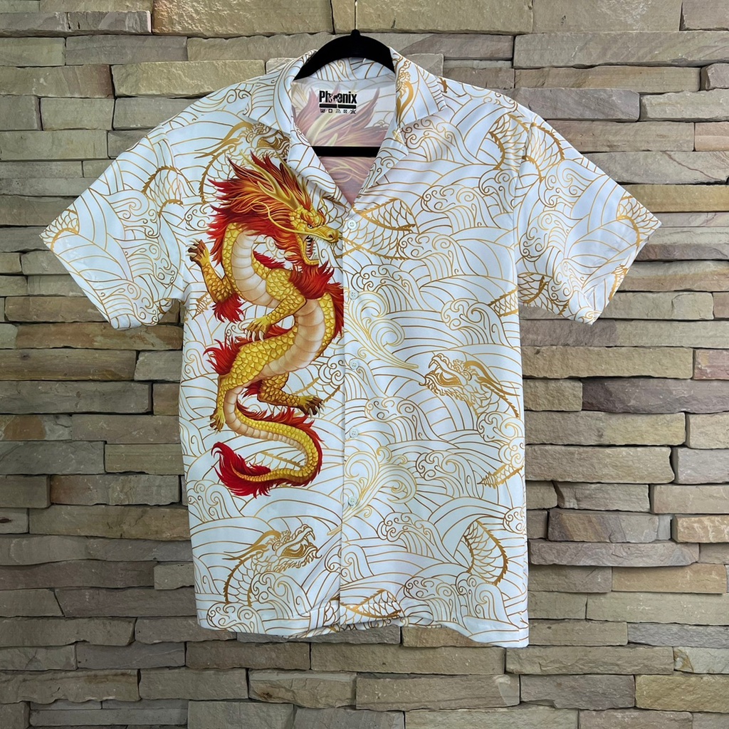 เสื้อฮาวายลายมังกรขาวสีขาว