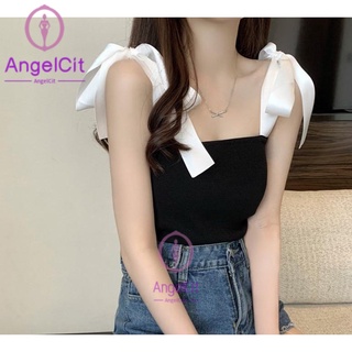 Angelcity※ เสื้อกั๊กถัก เปิดไหล่ เซ็กซี่ ยืดหยุ่น สีขาว สีดํา เอวสูง ฤดูร้อน สําหรับผู้หญิง