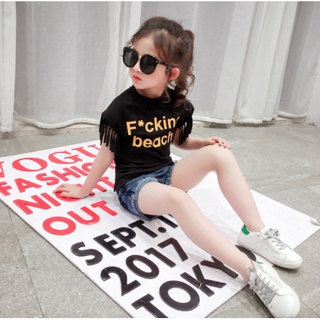 ชุดเด็กหญิง✨พร้อมส่ง✨ เสื้อเด็กผู้หญิง (เฉพาะเสื้อนะจ๊ะ) เสื้อยืดสีดำ ผ้าเนื้อดี แขนรุ่ยสไตล์สาวน้อยสุดเซอร์