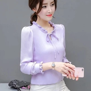Kemeja perempuan เสื้อชีฟอง พลัสไซซ์ สีขาว ผูกโบว์ สําหรับผู้หญิง