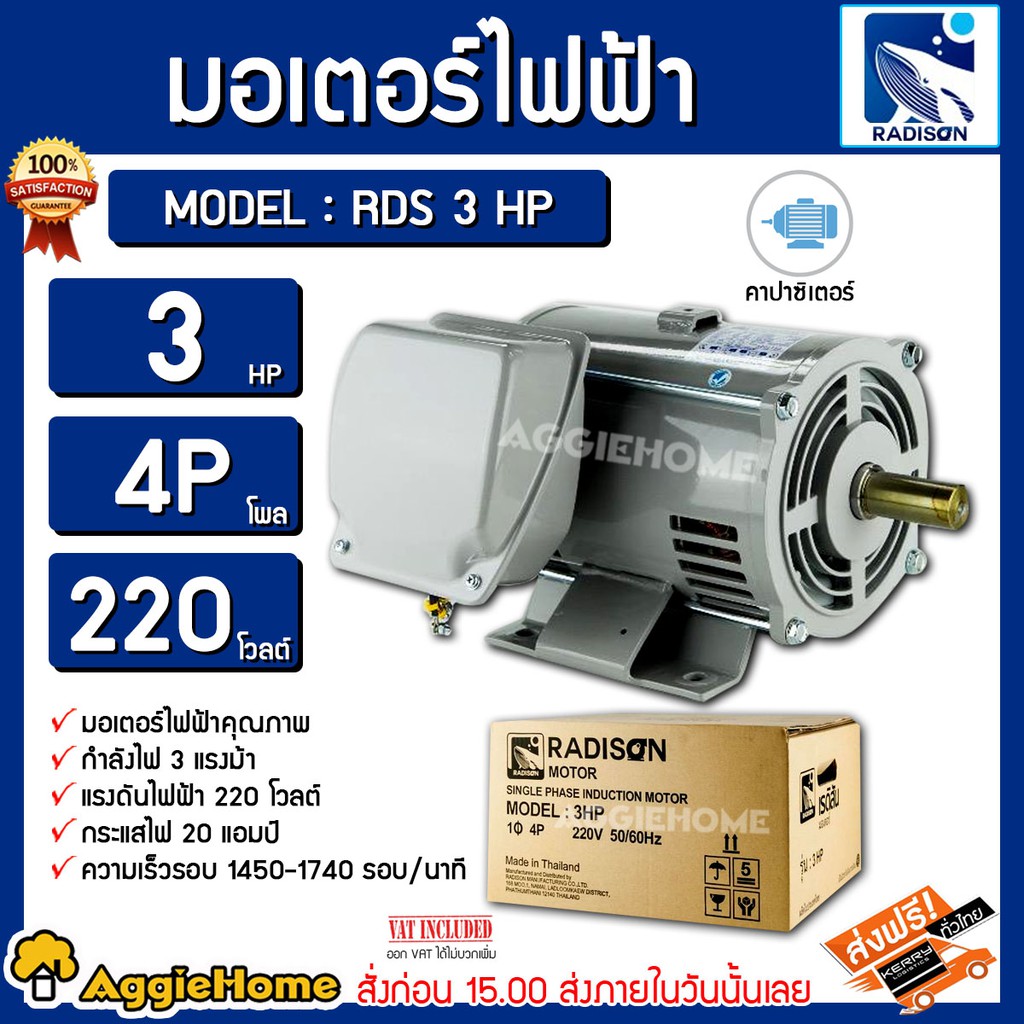 RADISON มอเตอร์ รุ่น RDS3HP 4P ( 220V ) แรงดัน 3 แรงม้า ขดลวดทองแดงแท้ ผลิตที่ประเทศไทย