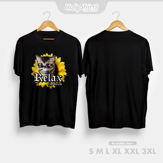 เสื้อยืดสีขาวเสื้อยืด พิมพ์ลายดอกทานตะวัน Thug Cat Relax Im Yours สําหรับผู้ชายS-4XL