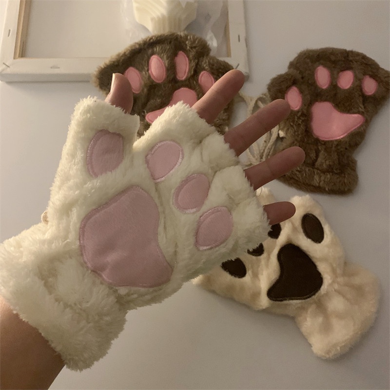 Kawaii ถุงมือสั้น แบบครึ่งนิ้ว ผ้ากํามะหยี่ขนนิ่ม ลายอุ้งเท้าแมว ให้ความอบอุ่น แฟชั่นฤดูหนาว สําหรับผู้หญิง