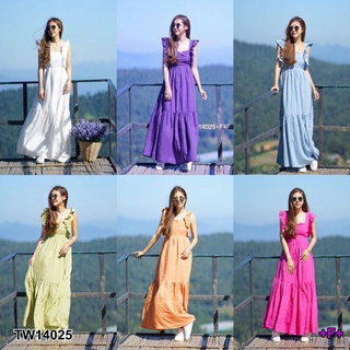 Maxi Dress เดรสยาว คอเหลี่ยม ดีเทลระบายแขน ด้านหลังดึงยาง