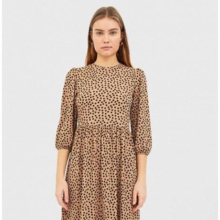 Stradivarius  เดรส Printed short dress with puff sleeves เดรสผ้าโพลี่