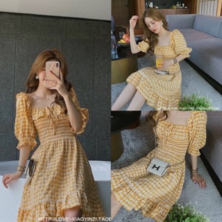 💜 NEW KOREA DESIGN สินค้านำเข้า พร้อมส่ง Yellow scott daisy มินิเดรสสีเหลืองโทนน่ารัก ลายสก็อตโซคิวท์มากกก ดอก