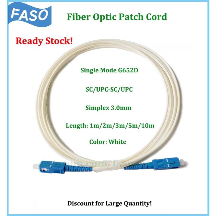 Ready StockFASO Fiber Optic Cable White LSZH Jacket SC/UPC, SC/UPC Singlemode G652D Sx Core 3.0mm Op
