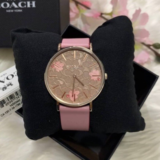 (ผ่อน0%) นาฬิกา COACH PERRY MULTICOLOR 36 MM WOMEN'S WATCH (14503442) สายหนัง สีชมพู หน้าปัดลายดอกไม้