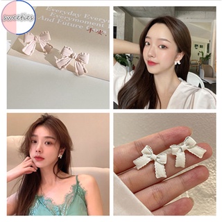 【Xijing-Cod】ต่างหูแบบติดหูรูปโบว์สีชมพูสีขาวสไตล์ฝรั่งเศสสําหรับผู้หญิง