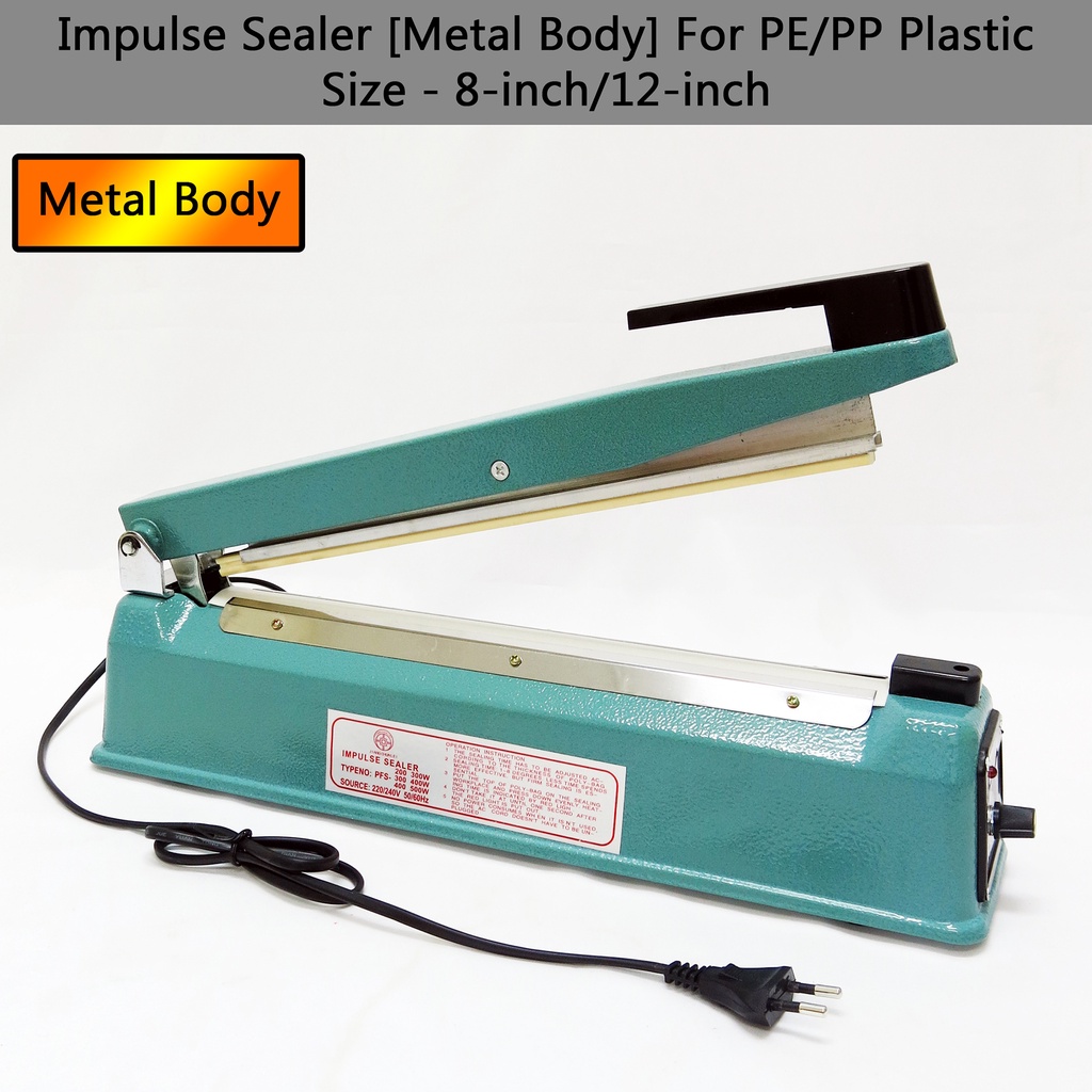 MESIN 3H 8 นิ้ว (300W)/12 นิ้ว (400W) เครื่องซีลแรงกระตุ้นร่างกายโลหะสําหรับถุงพลาสติก PE/PP [ตัวโลห