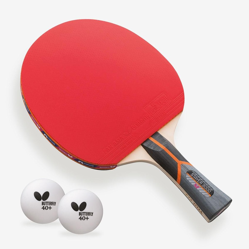 ไม้ปิงปองติดยาง ยี่ห้อ BUTTERFLY รุ่น STAYER 3000 พร้อมลูกปิงปอง 2 ลูก  แท้ 100%