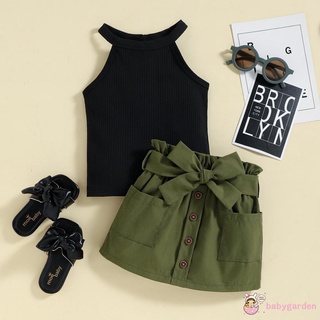Babygarden-9 เดือน ถึง 5 ปี เด็กผู้หญิง ชุดฤดูร้อน 2 ชิ้น เสื้อกล้าม เปิดไหล่ ยาง + กระโปรงระบาย พร้อมกระเป๋า