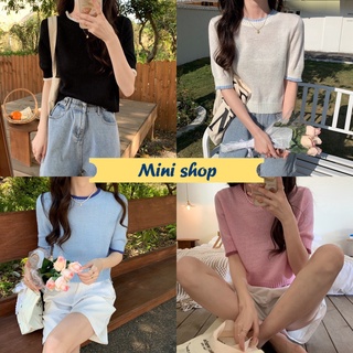 Mini shop🌸พร้อมส่ง🌸 (88615) เสื้อถักไหมพรมแขนสั้น คอกลม สีพาสเทลน่ารักเกาหลีมาก