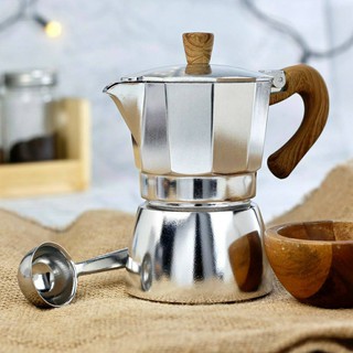 (สีเงิน ด้ามลายไม้) หม้อต้มกาแฟสดมอคค่าพอท (MOKA POT) อลูมิเนียม 3 ถ้วย (150 ml) , 6 ถ้วย  (300 ml) By สุวภัทร SWP Shop