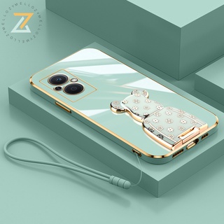 Zymello เคส OPPO A57 2022 A77 5G A15 A16 A12 A5S A7 A15S A3S A5 A54 4G A5 2020 A9 2020 ขาตั้งหมี 6D ชุบไฟฟ้าหรูหราซิลิโคนเคสโทรศัพท์ (พร้อมสายคล้อง)