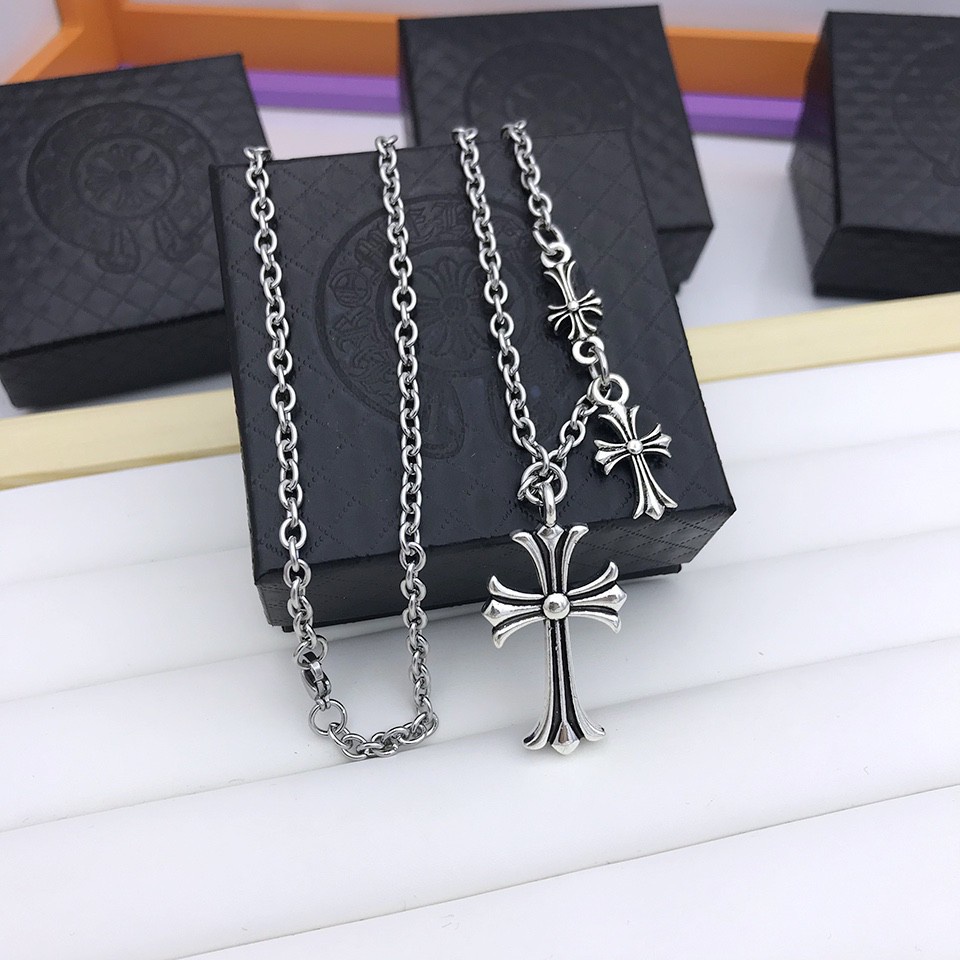 [การจัดซื้อ] CHROME HEARTS Crow Heart Double Cross สร้อยคอดอกไม้ แนวโน้มแฟชั่น Cross สร้อยคอดอกไม้ H