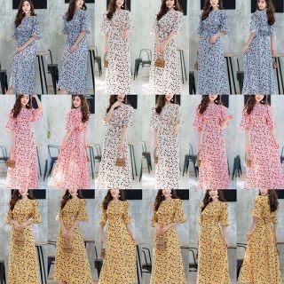 Bigsize Maxi dress แขนสั้น ลายดอกซากุระ คอระบาย หลังสม๊อค