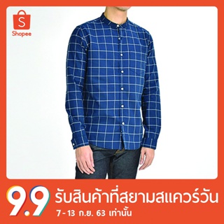 erawon Shop 1717BW  เสื้อเชิ้ตผู้ชายแขนยาว อ็อกส์ฟอร์ด คอจีน GRAPH CHECKED MANDARIN COLLAR ทรง Regular fit สี Blue World