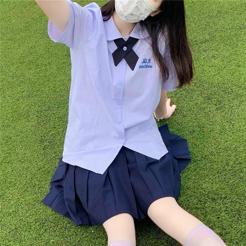 พร้อมส่ง ชุดนักเรียนไทย jk หลวม คอกลม แขนสั้น เสื้อ กระโปรงจีบ