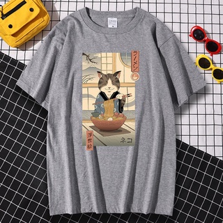 เสื้อยืด พิมพ์ลายการ์ตูนญี่ปุ่น Neko Ramen Ukiyo-e สไตล์สตรีท เรียบง่าย สําหรับผู้หญิง