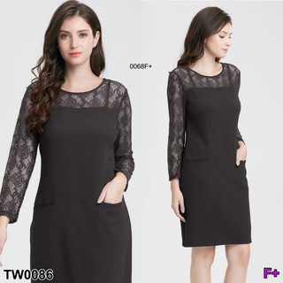 TwinsShopVip💗พร้อมส่ง TW0086 เดรสแต่งลูกไม้ แขนยาว มีกระเป๋าสองข้าง Lace dress with long sleeves and two side