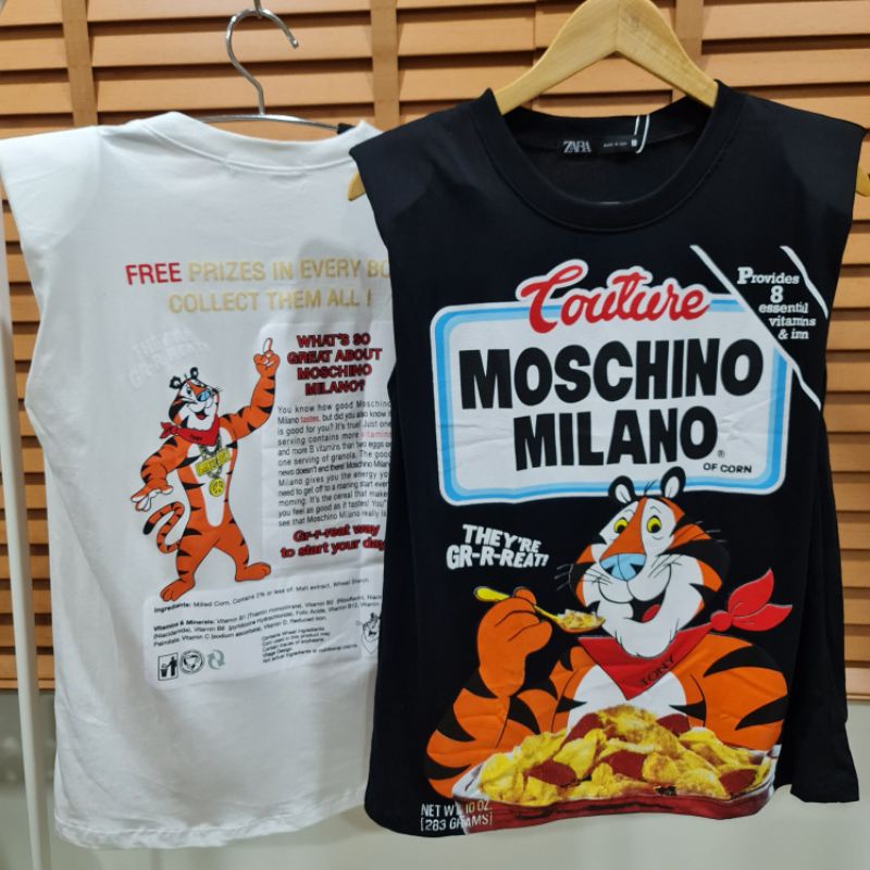 เสื้อยืดแขนล้ำ เสริมบ่า สกรีนลายนูนหน้า/หลังงาน ป้ายZaRA สีดำ/ขาว 🎉อก46" ยาว29"