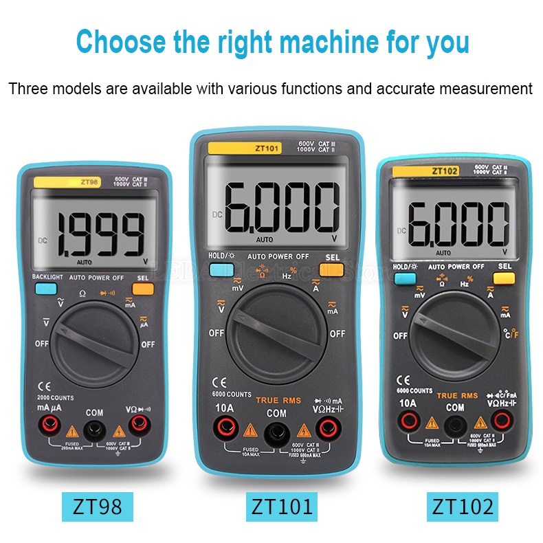Zotek ZT98 ZT100 ZT101 ZT102 AC/DC มัลติมิเตอร์แบบดิจิตอลแอมป์มิเตอร์โวลต์โอห์มเครื่องทดสอบ LCD แบบพ