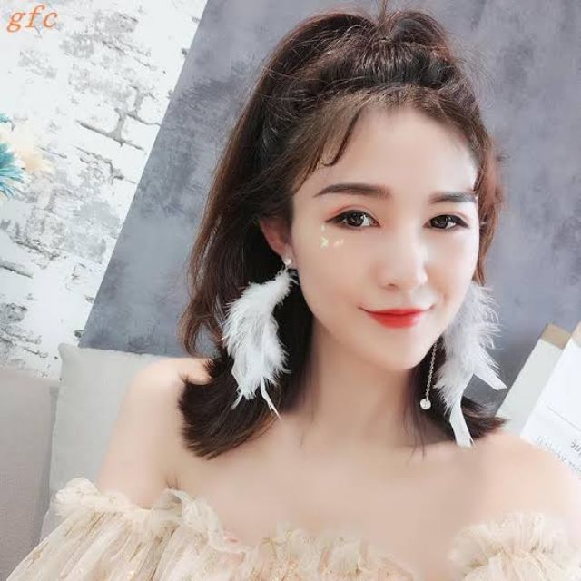 🌟ต่างหูมีเจาะ/หนีบขนนกมุ้งมิ้งประดับมุกระย้าน่ารัก👑